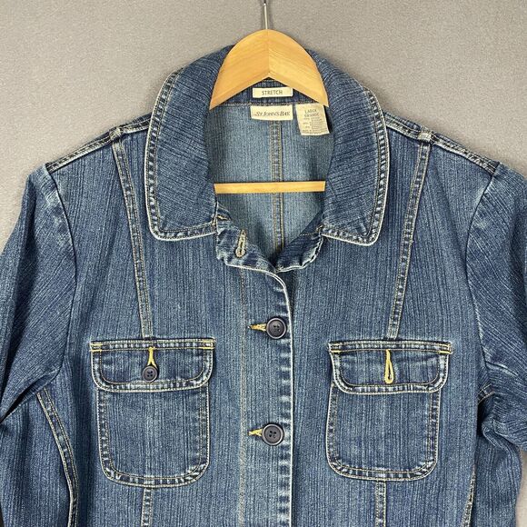 St. John's Bay Jacket Women's Large Blue Denim Stretch Long Sleeve Button Front - Picture 2 of 15
